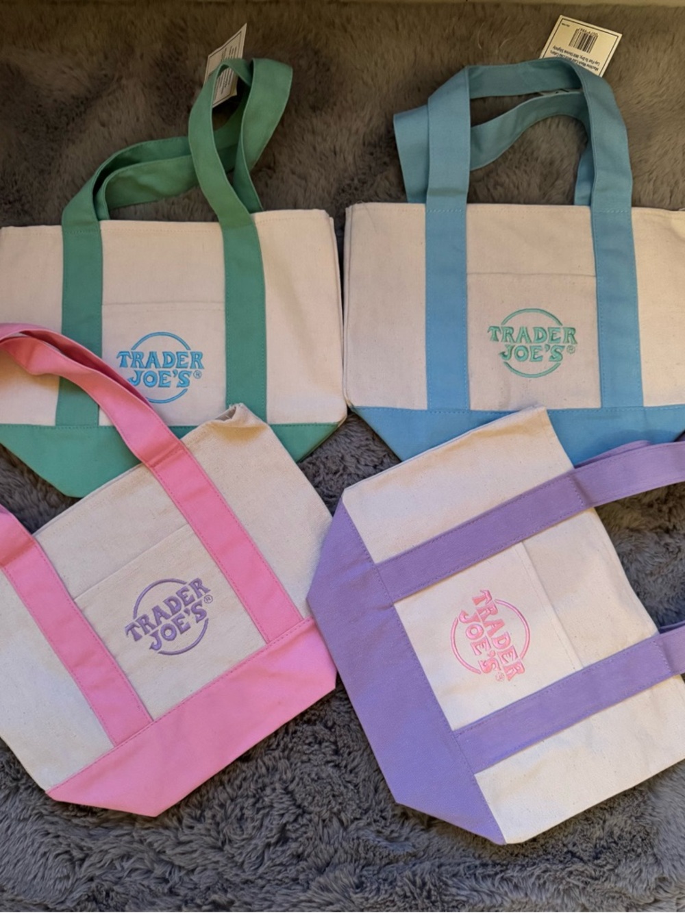 Trader Joe’s Pastel Mini- Canvas Tote Bag - Pink, Purple, Green, Blue set